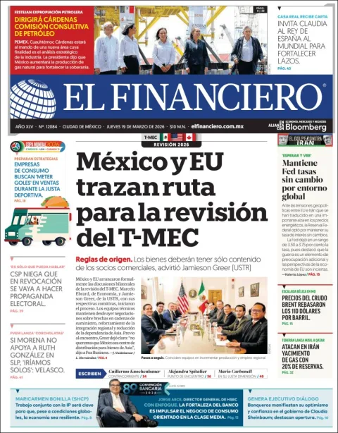 Portada de El Financiero del jueves, 19 de marzo de 2026