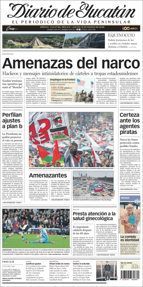 Portada de Diario de Yucatán del jueves, 19 de marzo de 2026