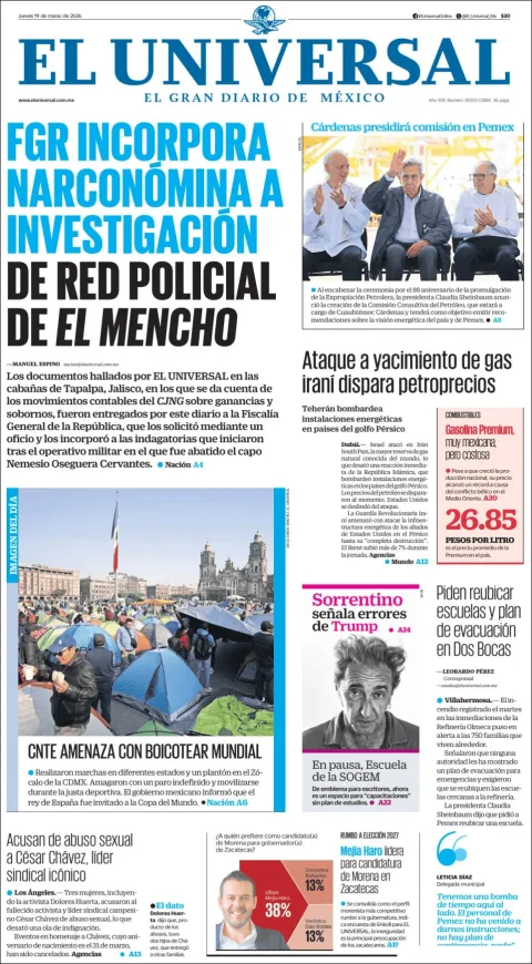 Portada de El Universal del jueves, 19 de marzo de 2026