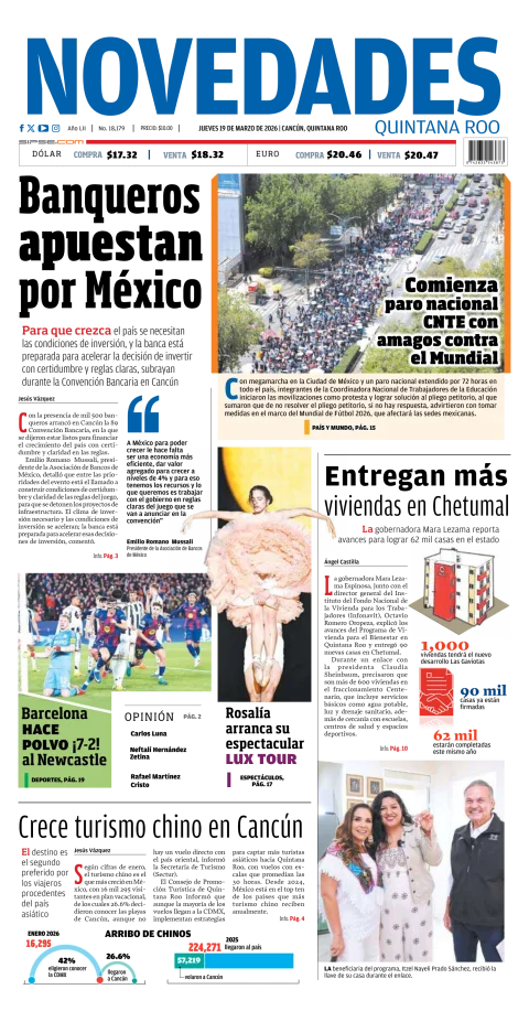 Portada de Novedades Quintana Roo del jueves, 19 de marzo de 2026