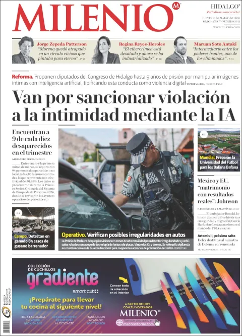 Portada de Milenio Hidalgo del jueves, 19 de marzo de 2026