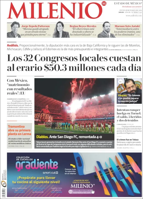 Portada de Milenio Edo de Mexico del jueves, 19 de marzo de 2026