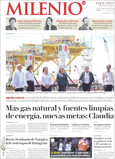 Portada de Milenio Tamaulipas del jueves, 19 de marzo de 2026