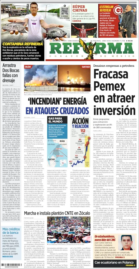 Portada de Reforma del jueves, 19 de marzo de 2026