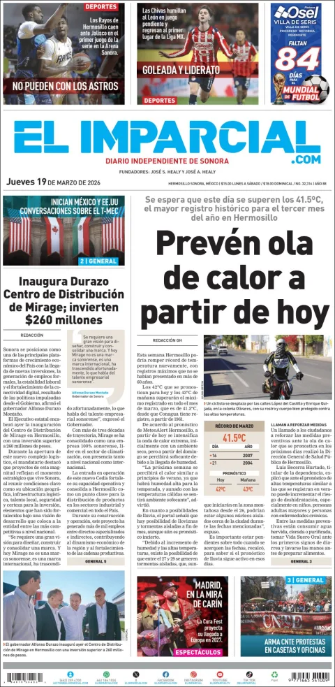 Portada de El Imparcial del jueves, 19 de marzo de 2026