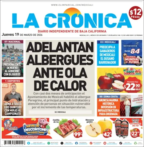 Portada de La Cronica del jueves, 19 de marzo de 2026
