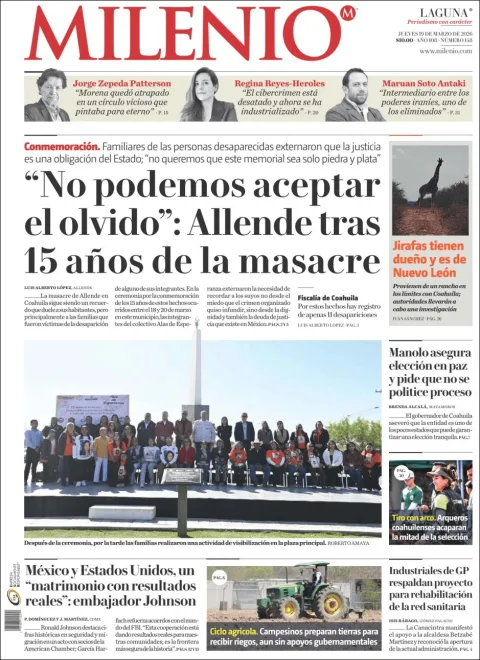Portada de Milenio Laguna del jueves, 19 de marzo de 2026