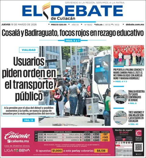 Portada de El Debate de Culiacan del jueves, 19 de marzo de 2026