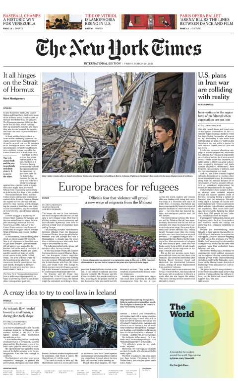 Portada de The New York Times (international) del viernes, 20 de marzo de 2026