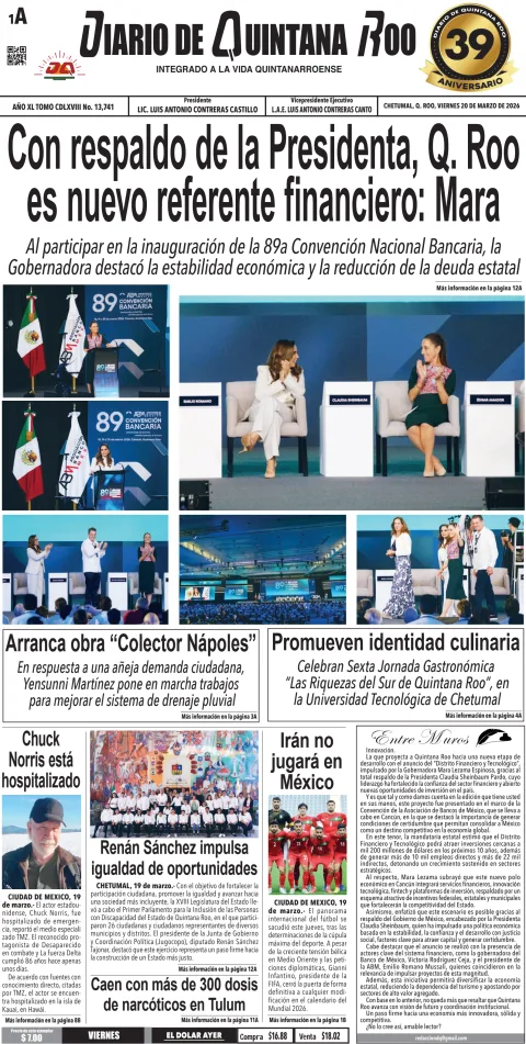 Portada de Diario de Quintana Roo (portada) del viernes, 20 de marzo de 2026