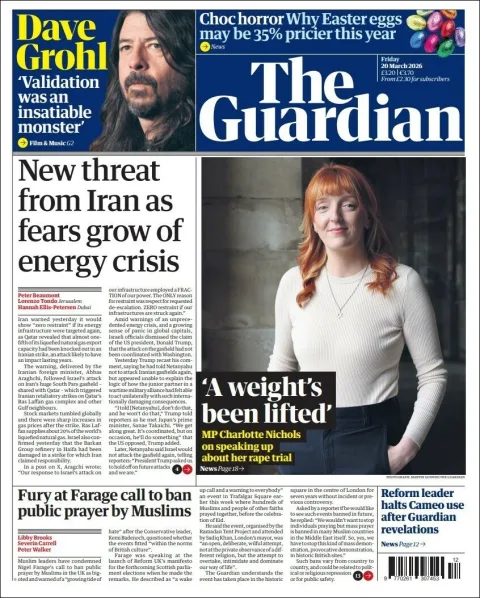 Portada de The Guardian (reino Unido) del viernes, 20 de marzo de 2026