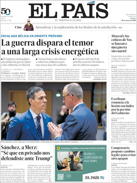 Portada de El Pais del viernes, 20 de marzo de 2026