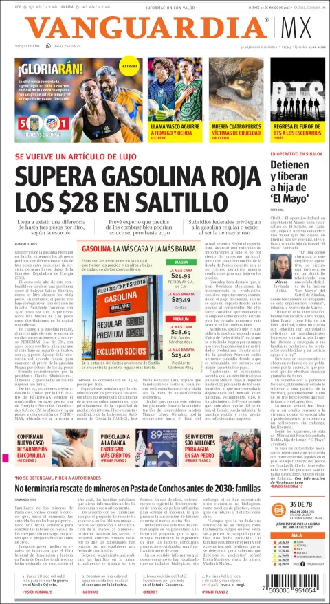 Portada de Vanguardia del viernes, 20 de marzo de 2026