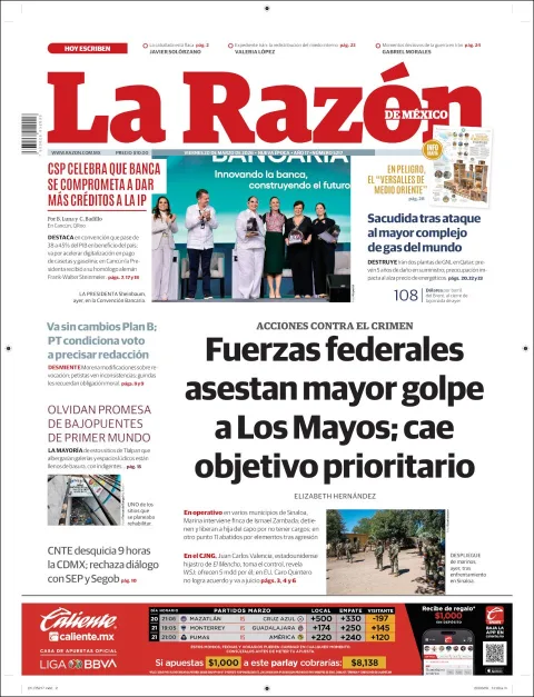 Portada de La Razon del viernes, 20 de marzo de 2026