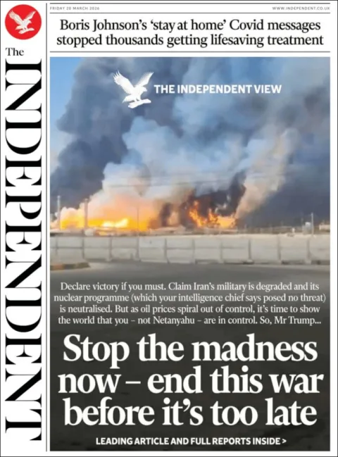 Portada de The Independent del viernes, 20 de marzo de 2026
