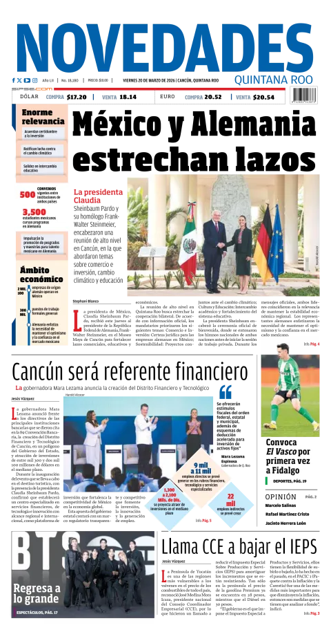 Portada de Novedades Quintana Roo del viernes, 20 de marzo de 2026