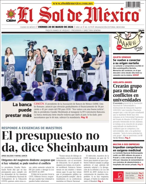Portada de El Sol de Mexico del viernes, 20 de marzo de 2026