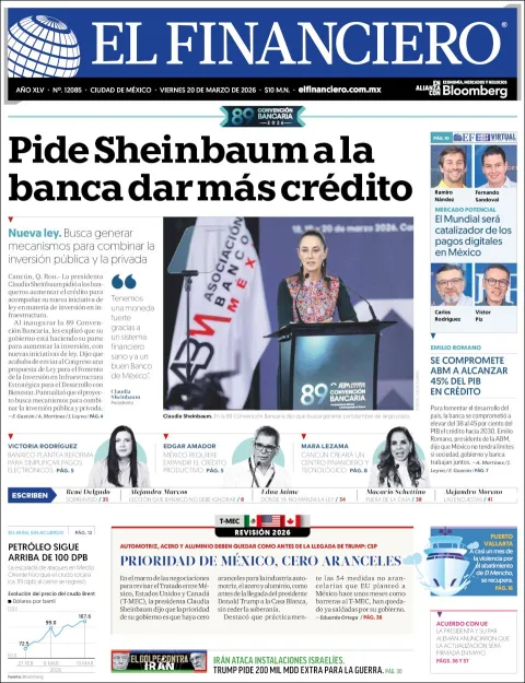 Portada de El Financiero del viernes, 20 de marzo de 2026
