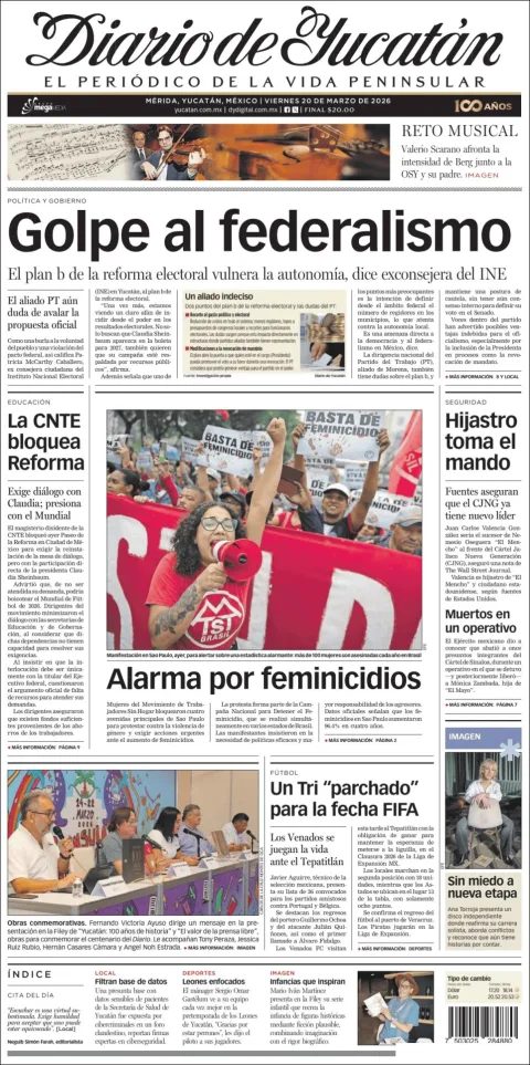 Portada de Diario de Yucatán del viernes, 20 de marzo de 2026