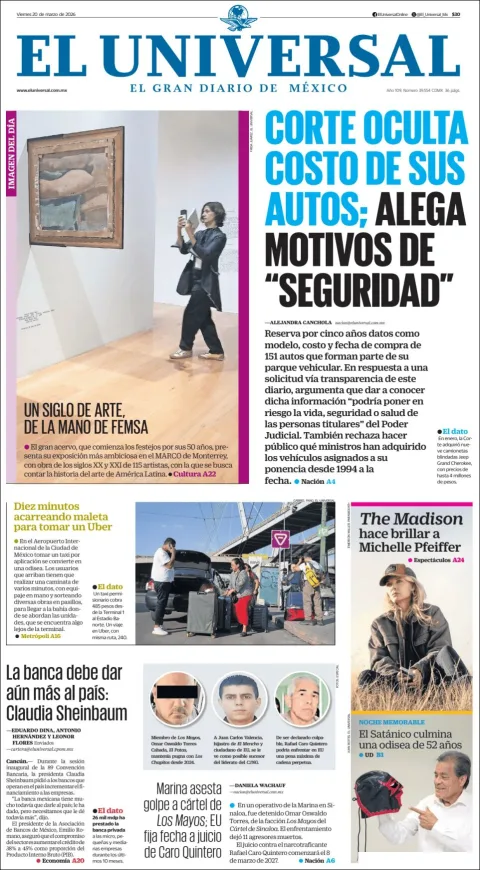 Portada de El Universal del viernes, 20 de marzo de 2026