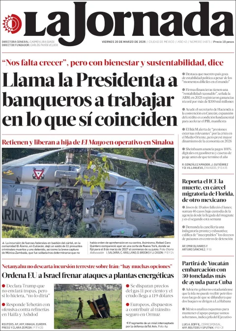 Portada de La Jornada del viernes, 20 de marzo de 2026