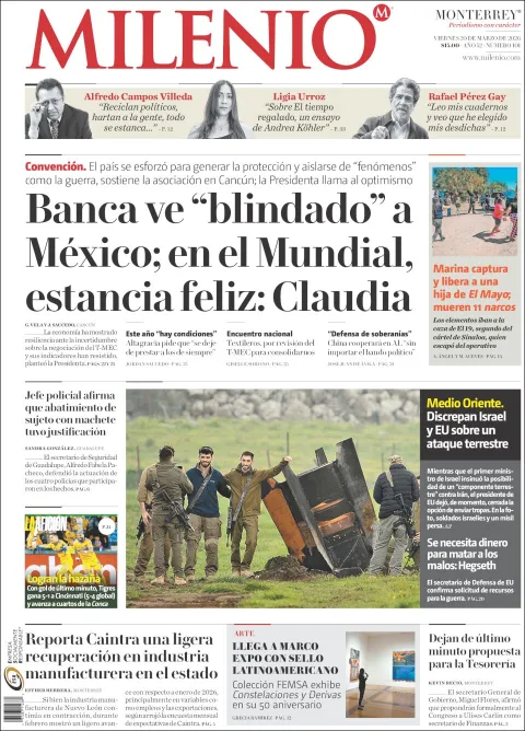Portada de Milenio del viernes, 20 de marzo de 2026