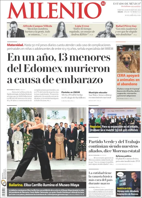 Portada de Milenio Edo de Mexico del viernes, 20 de marzo de 2026