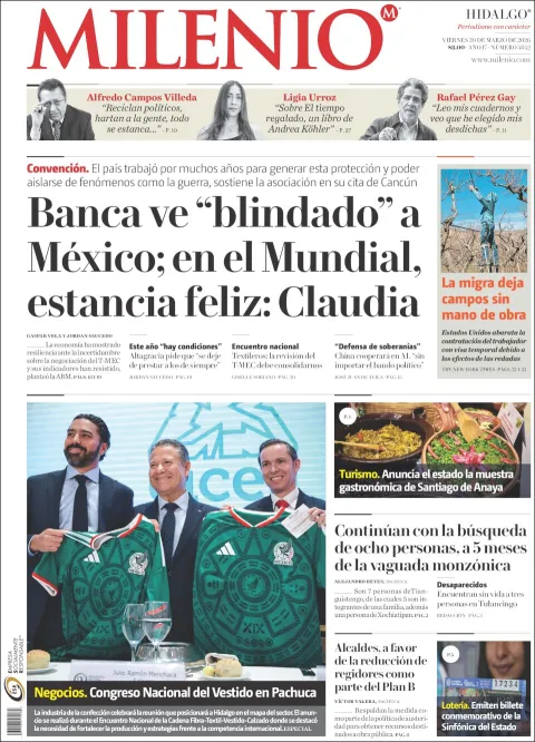 Portada de Milenio Hidalgo del viernes, 20 de marzo de 2026