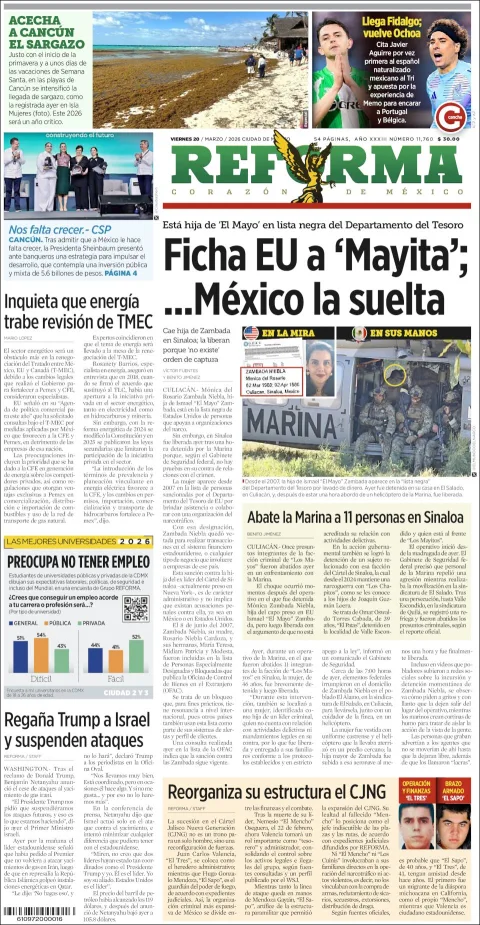 Portada de Reforma del viernes, 20 de marzo de 2026