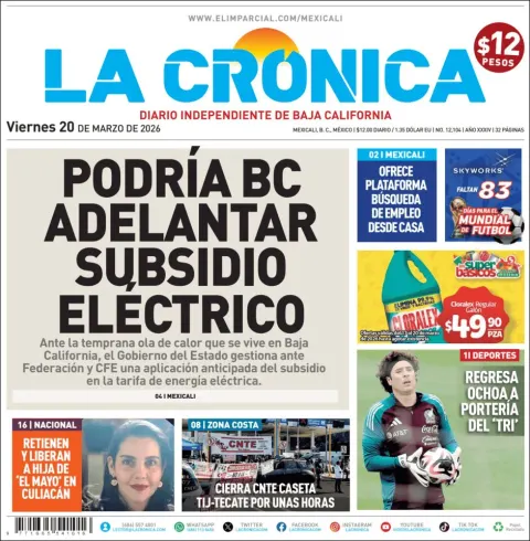 Portada de La Cronica del viernes, 20 de marzo de 2026
