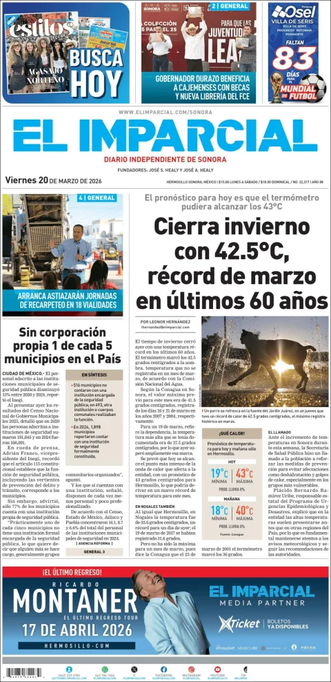 Portada de El Imparcial del viernes, 20 de marzo de 2026