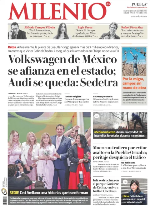 Portada de Milenio Puebla del viernes, 20 de marzo de 2026