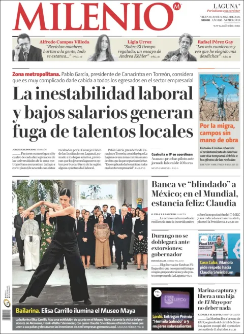 Portada de Milenio Laguna del viernes, 20 de marzo de 2026
