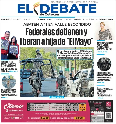 Portada de El Debate de Culiacan del viernes, 20 de marzo de 2026