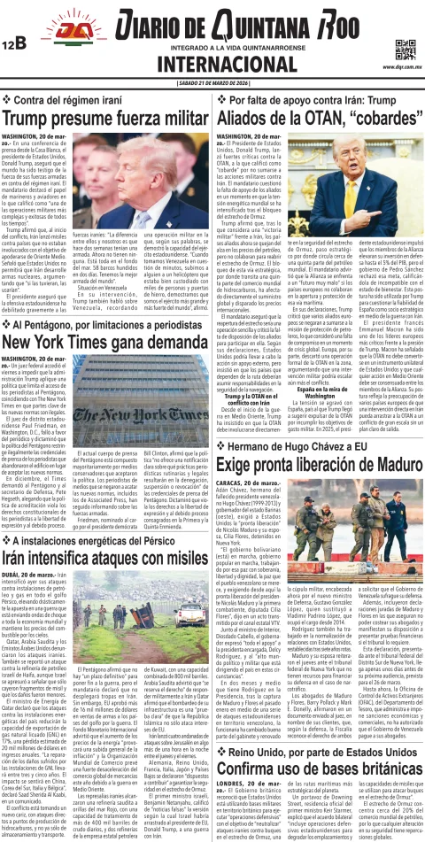 Portada de Diario de Quintana Roo (contra Portada) del sábado, 21 de marzo de 2026