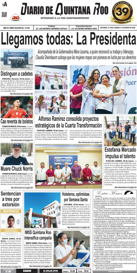 Portada de Diario de Quintana Roo (portada) del sábado, 21 de marzo de 2026