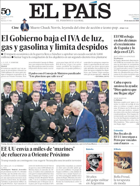 Portada de El Pais del sábado, 21 de marzo de 2026