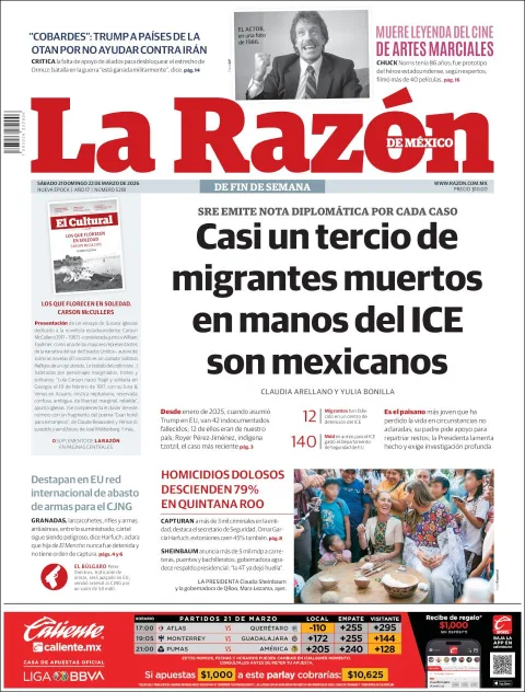 Portada de La Razon del sábado, 21 de marzo de 2026