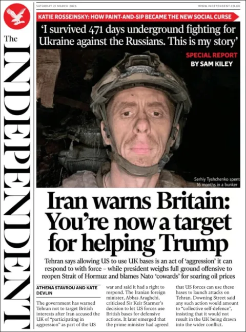 Portada de The Independent del sábado, 21 de marzo de 2026