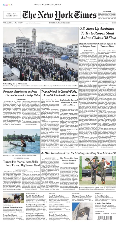 Portada de The New York Times (new York) del sábado, 21 de marzo de 2026