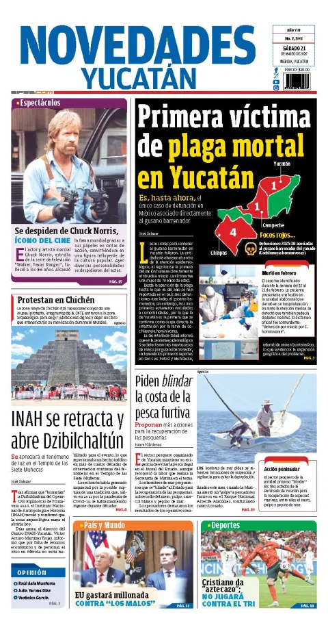 Portada de Novedades Yucatan del sábado, 21 de marzo de 2026