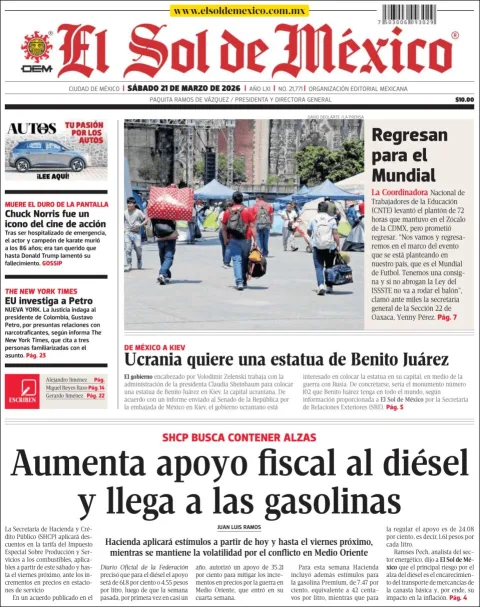 Portada de El Sol de Mexico del sábado, 21 de marzo de 2026