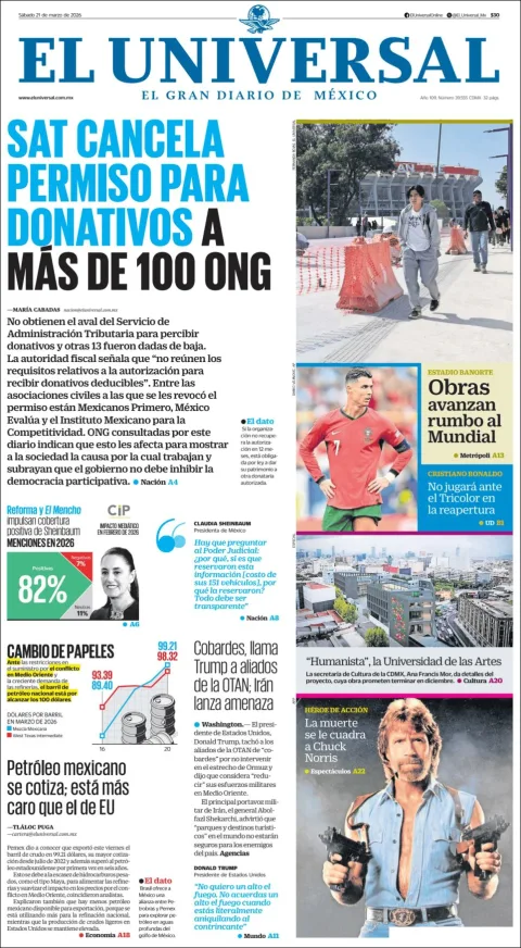 Portada de El Universal del sábado, 21 de marzo de 2026