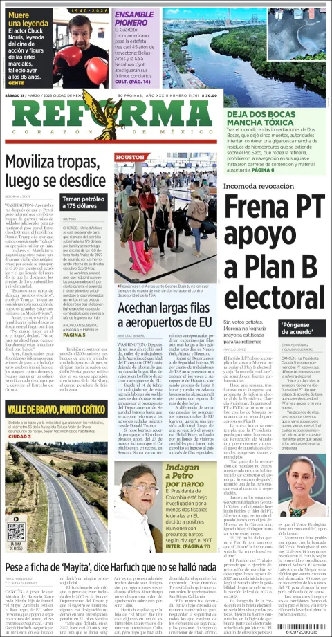 Portada de Reforma del sábado, 21 de marzo de 2026