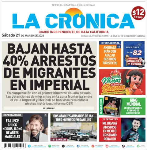 Portada de La Cronica del sábado, 21 de marzo de 2026