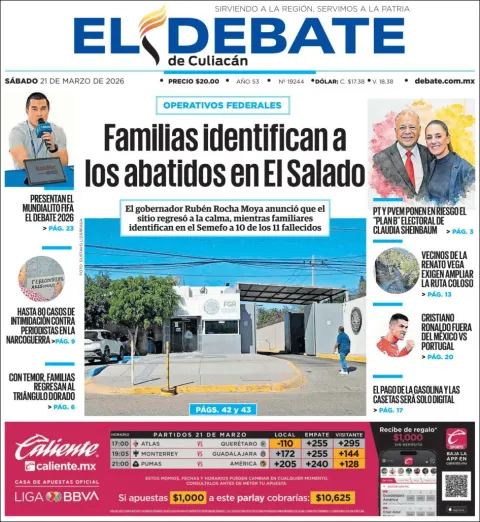 Portada de El Debate de Culiacan del sábado, 21 de marzo de 2026