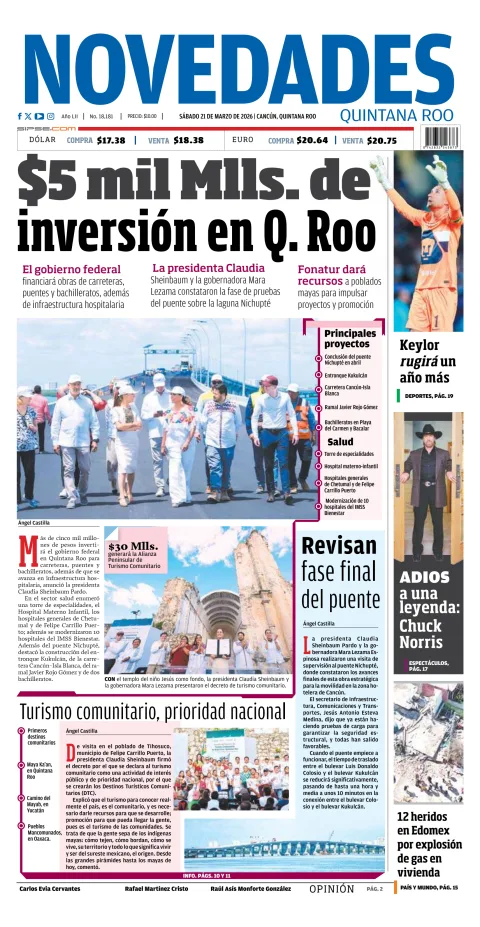 Portada de Novedades Quintana Roo del sábado, 21 de marzo de 2026