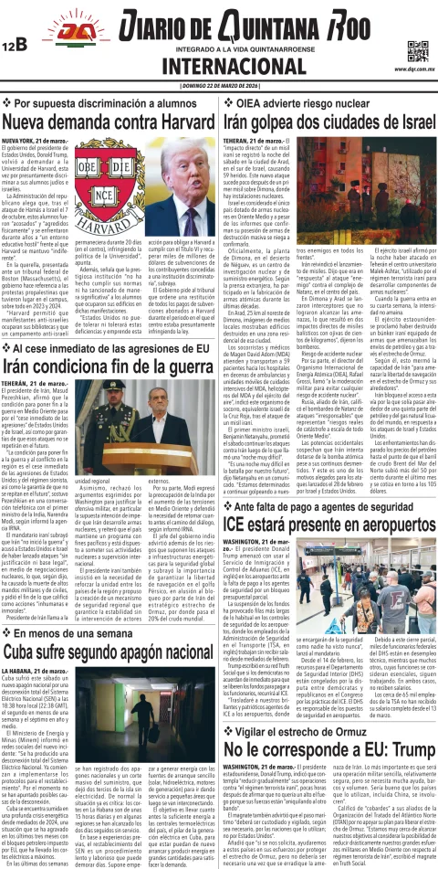 Portada de Diario de Quintana Roo (contra Portada) del domingo, 22 de marzo de 2026