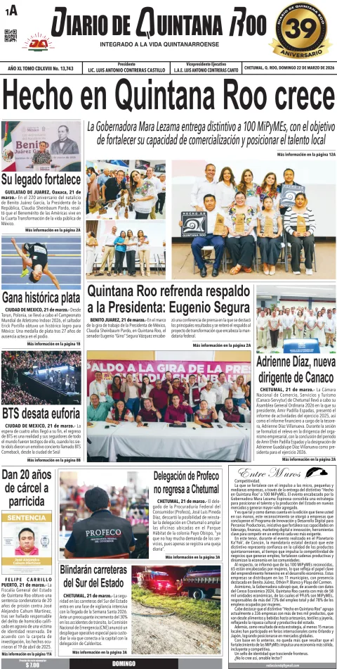 Portada de Diario de Quintana Roo (portada) del domingo, 22 de marzo de 2026