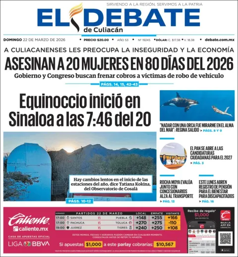 Portada de El Debate de Culiacan del domingo, 22 de marzo de 2026